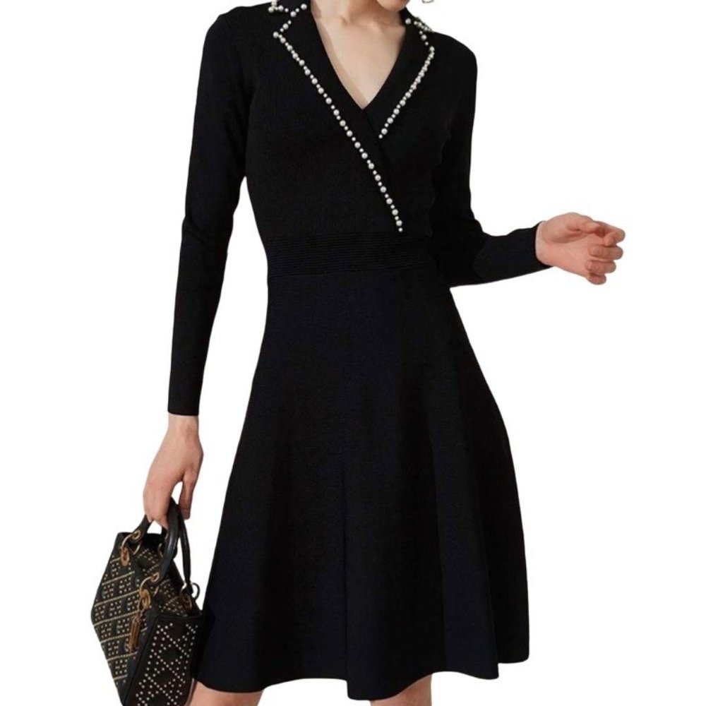 Sandro Paris Runway Faux Pearl Thick Black Stretch A-Line Dress Long Sle…